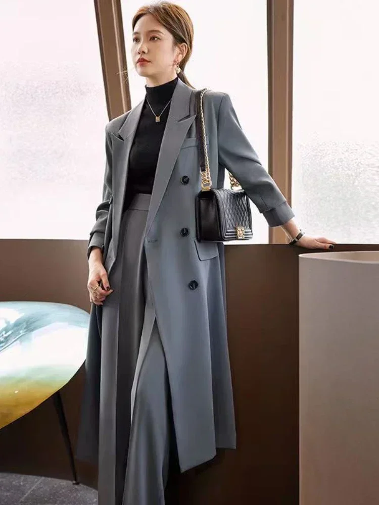 Trench Coat for Women Suit Collar Double-breasted Solid Color Long Coat Elegance Office Lady Jackets Autumn Winter Clothes Women