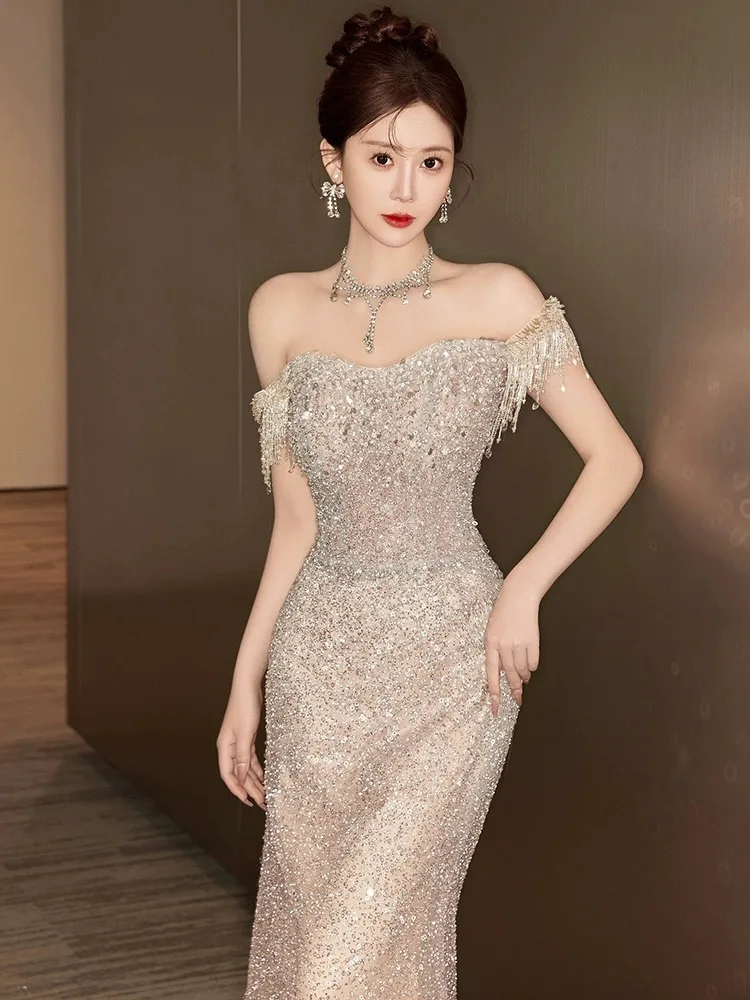 Champagne Evening Dresses Off Shoulder Sequined Temperament Tassels Sequins Mermaid Light Luxury Formal Wedding Party Prom Gown