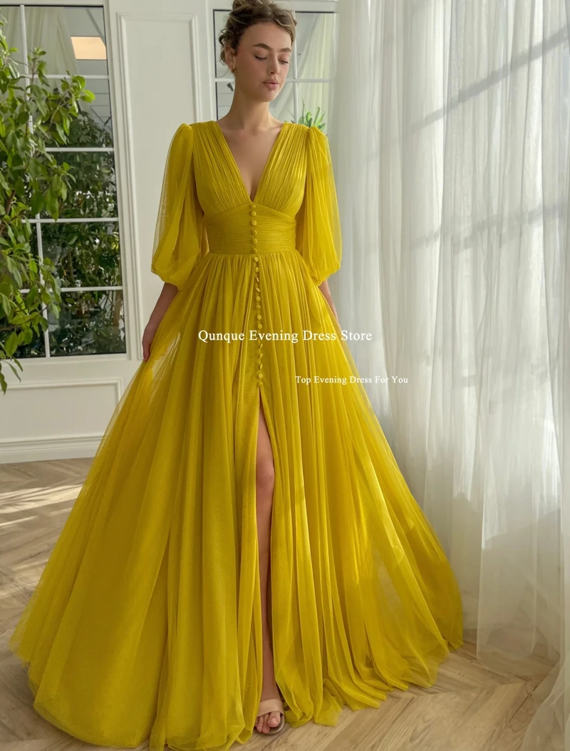 Qunque Orange Slit Prom Dress V-neck Pleated Puff Sleeves Tulle Formal Evening Dress Customized Women Party Gowns With Buttons