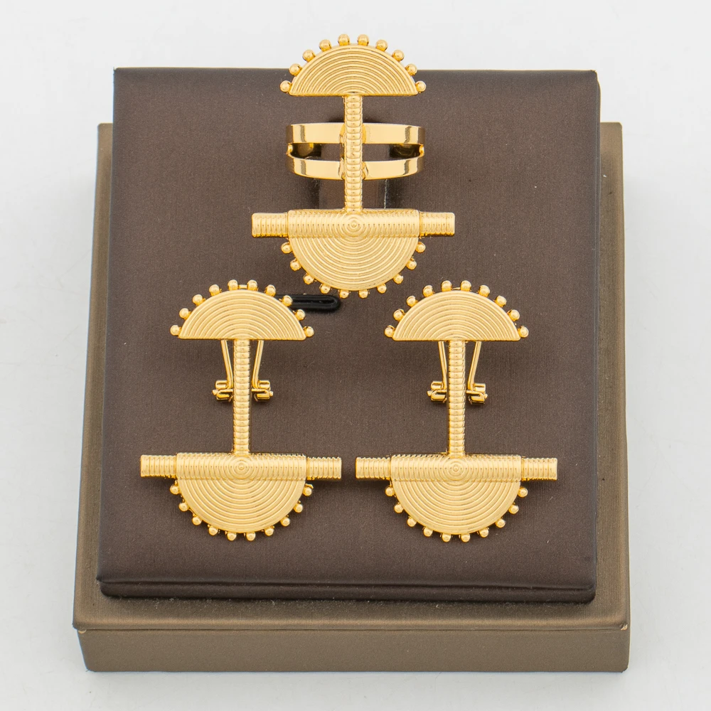 Nigerian Gold Plated Earrings and Ring Set for Ladies Personality Design Earrings and Cocktail Ring Set African Engagement Party