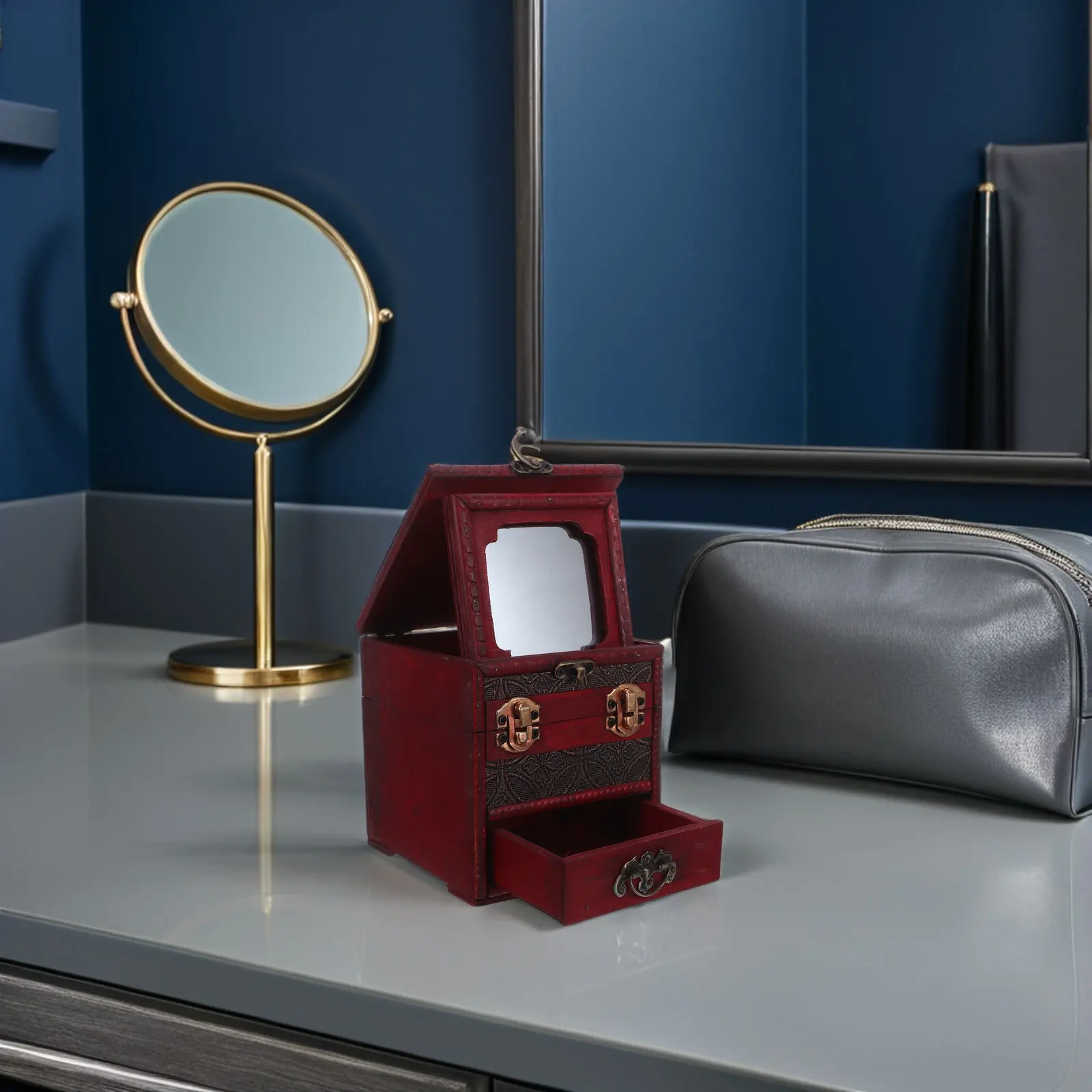 Vintage Wooden Jewelry Box 3-Layer Retro Jewelry Organizer Mirror Drawer Rings Necklaces Earrings Decorative Treasure Chest