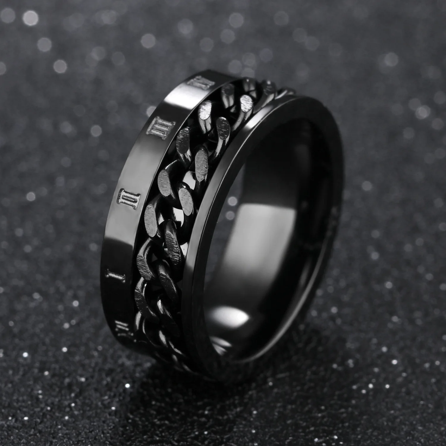 Cyfry rzymskie stal stalowy łańcuch obrotowy lęk czarne pierścienie dla mężczyzn Fidget Spinner metalowy Knuckle pierścień Anillos De Hombre
