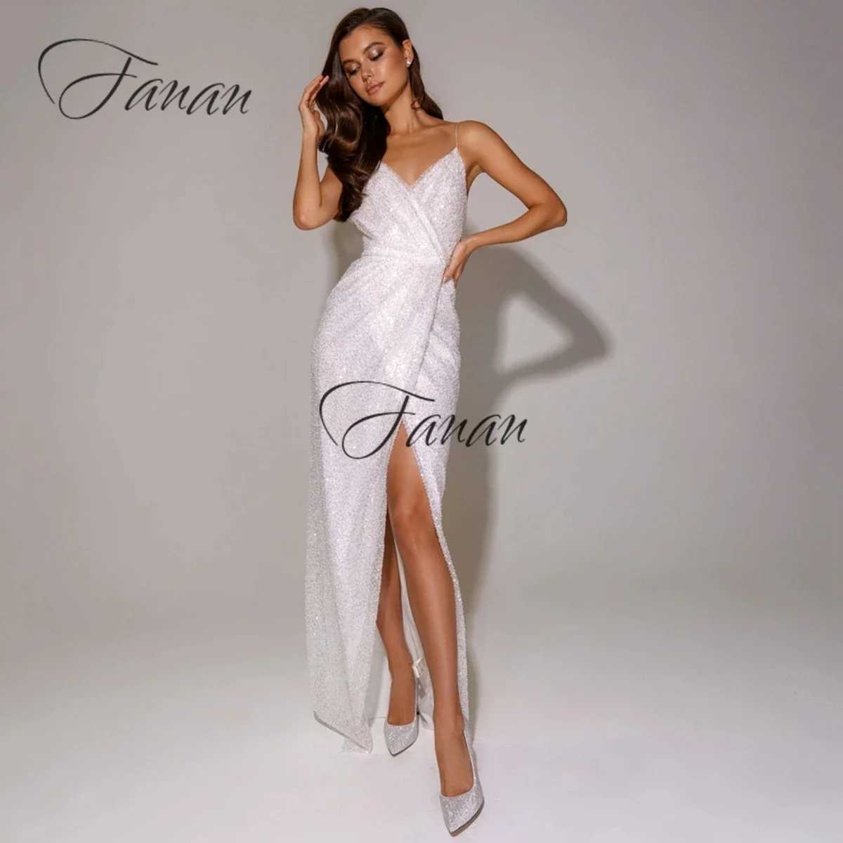 

Glitter Mermaid Wedding Dresses For Bride Ankle-Length Sexy Side Slit Gowns Spaghetiti Straps Backless Dress New