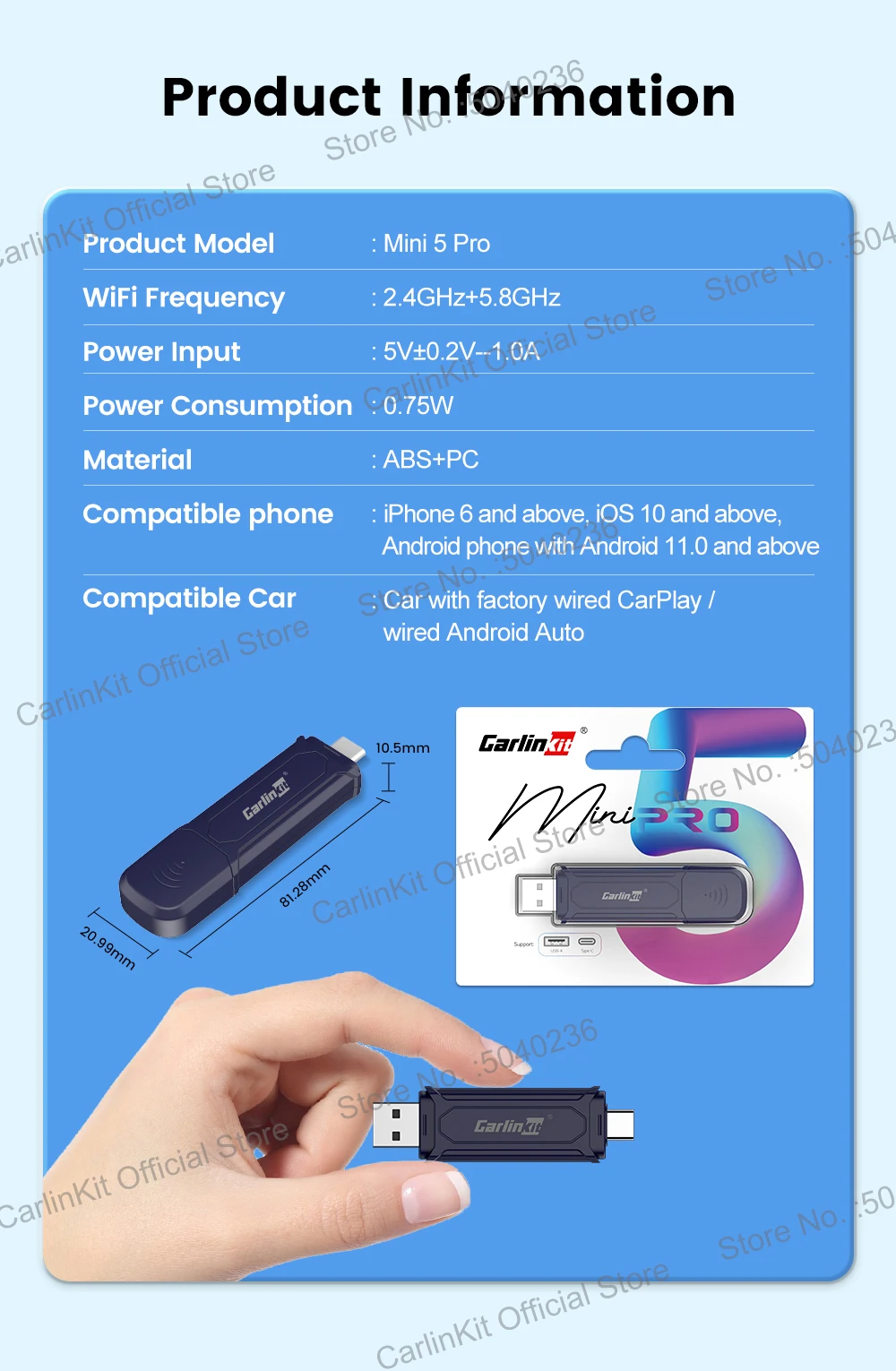 Mini 5 Pro CarlinKit 5.0 Kabelloser CarPlay Dongle Kabelloser Android Auto Adapter AI Smart Box Intelligente Autosysteme für OEM-Fahrzeuge – Detail 13