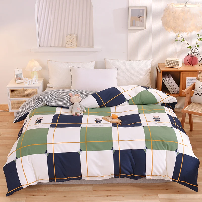 

Blue and Green Plaid Duvet Cover, Cartoon Bear Pattern Cotton Thickened Comfort Bedding, Geometric Image Lines Comforter Cover