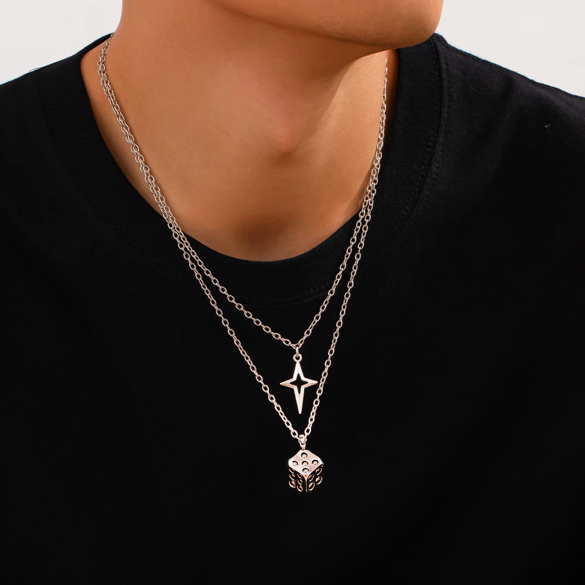 PuRui Fashion Silver Color Multilayer Adjustable Minimalist Fine Chain Necklace for Man Trendy Sunflower Face Dice Pendant New