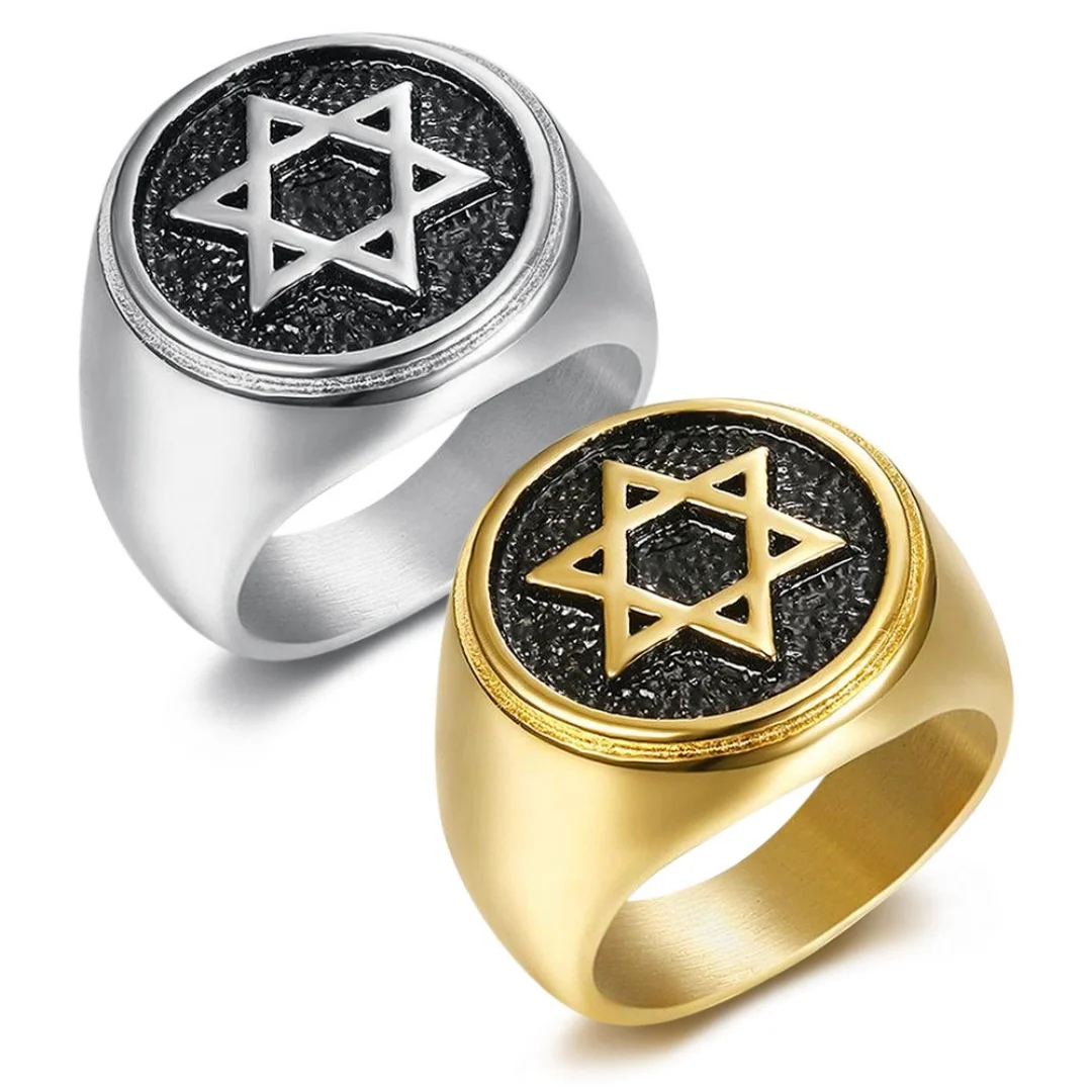 

Religious Jewish Star of David Ring Gold Silver Color Titanium Stainless Steel Round Hexagram Symbol Rings for Woman Man Jewelry