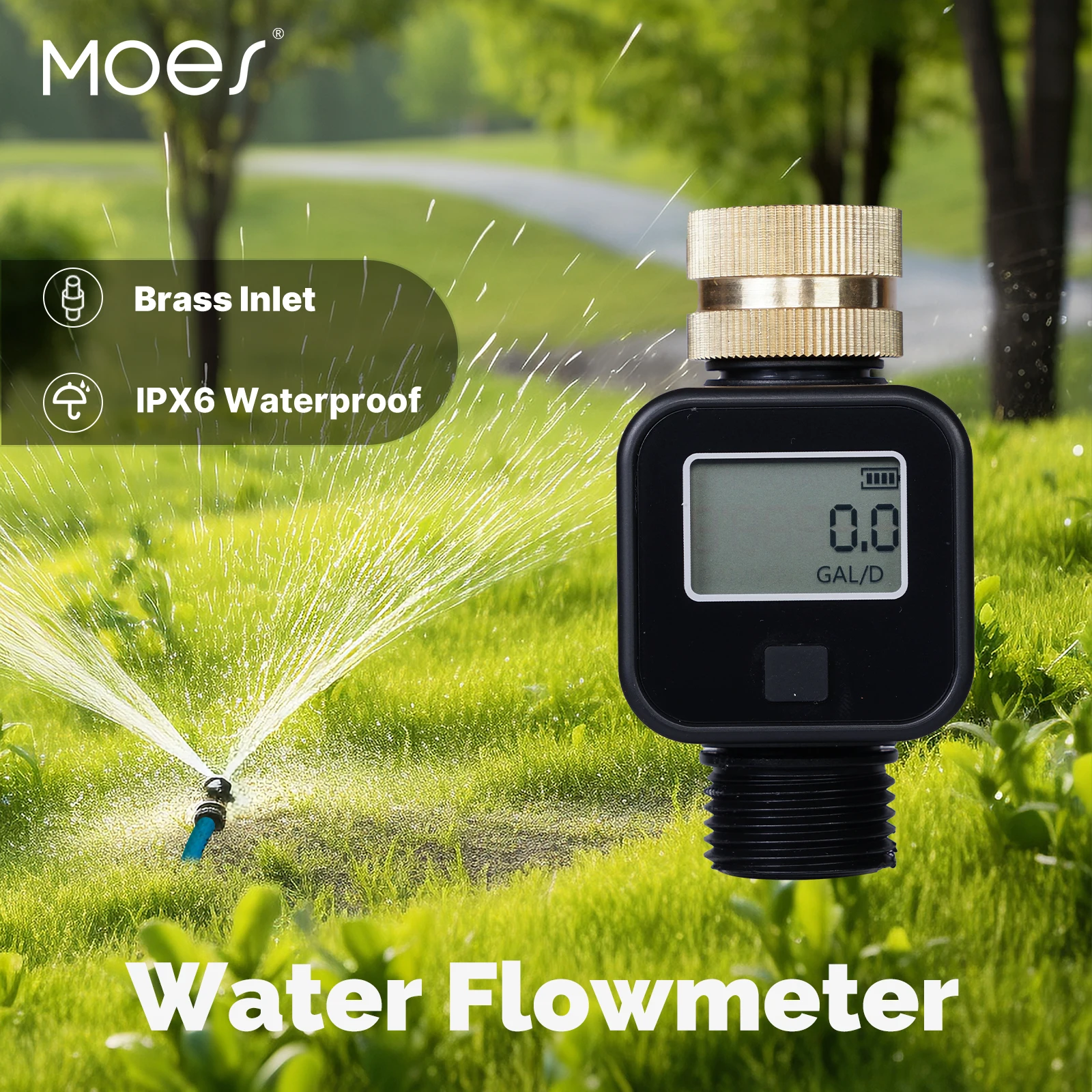 MOES Digital Water Flow Meter Brass Inlet IPX6 Waterproof High Accuracy Water Saving for Outdoor Garden Watering Irrigation Hose