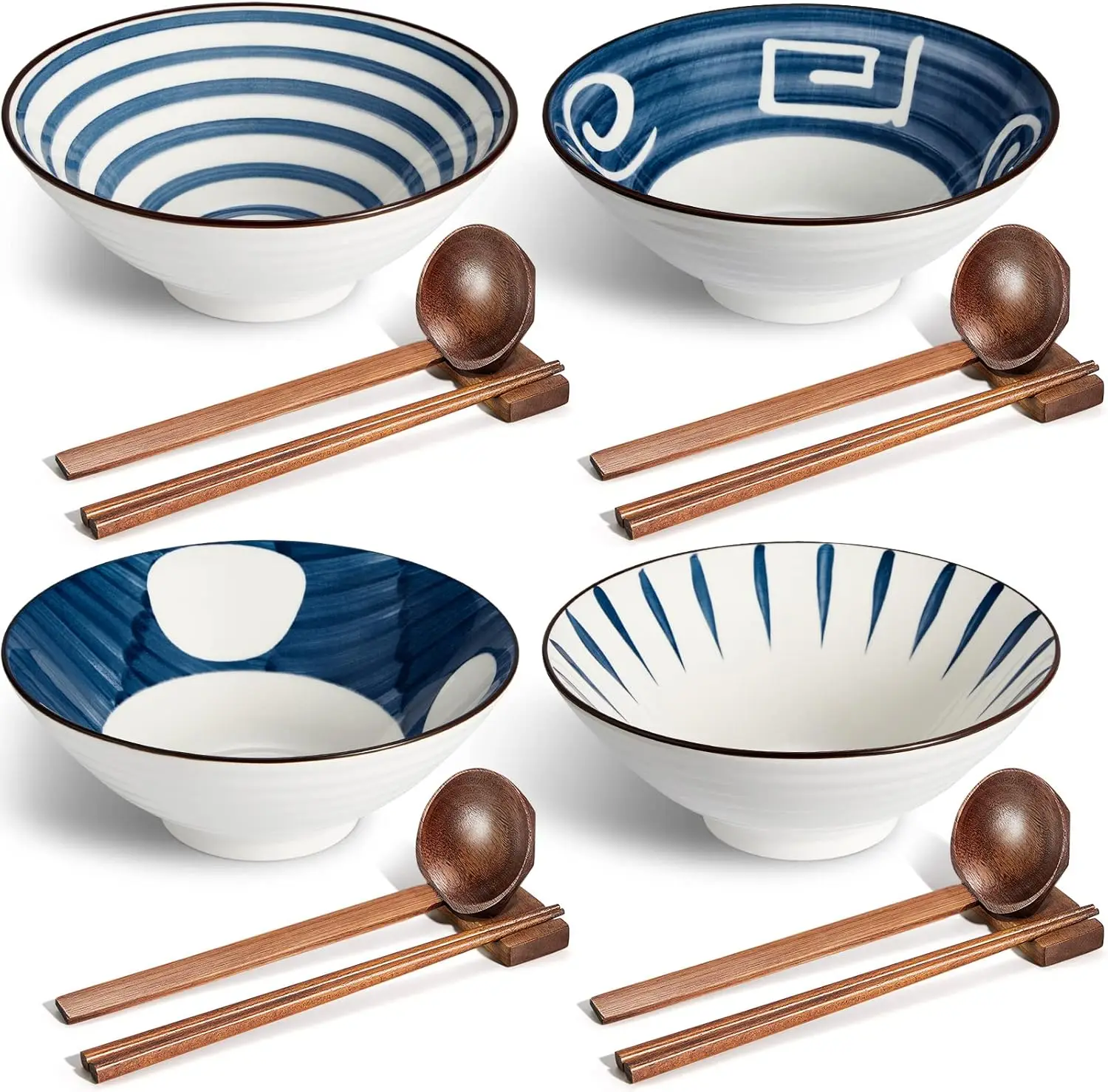 

40 oz Japanese Large Noodle Bowls Set of 4 with Spoons, Chopsticks & Stand for Ramen, Pho, Soup
