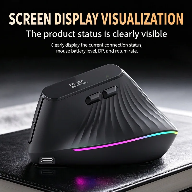 Tri Mode Vertical Ergonomic Mouse 12000 DPI RGB Light Screen Display Mute Rechargeable Mouse For Office Gaming Desktop Laptop