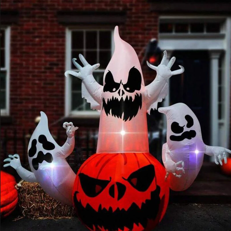 6FT Halloween Inflatable 3 Ghost With Pumpkin Build-In LED Light Yard Decoration Blow Up Halloween Flame Ghost Outdoor Toys