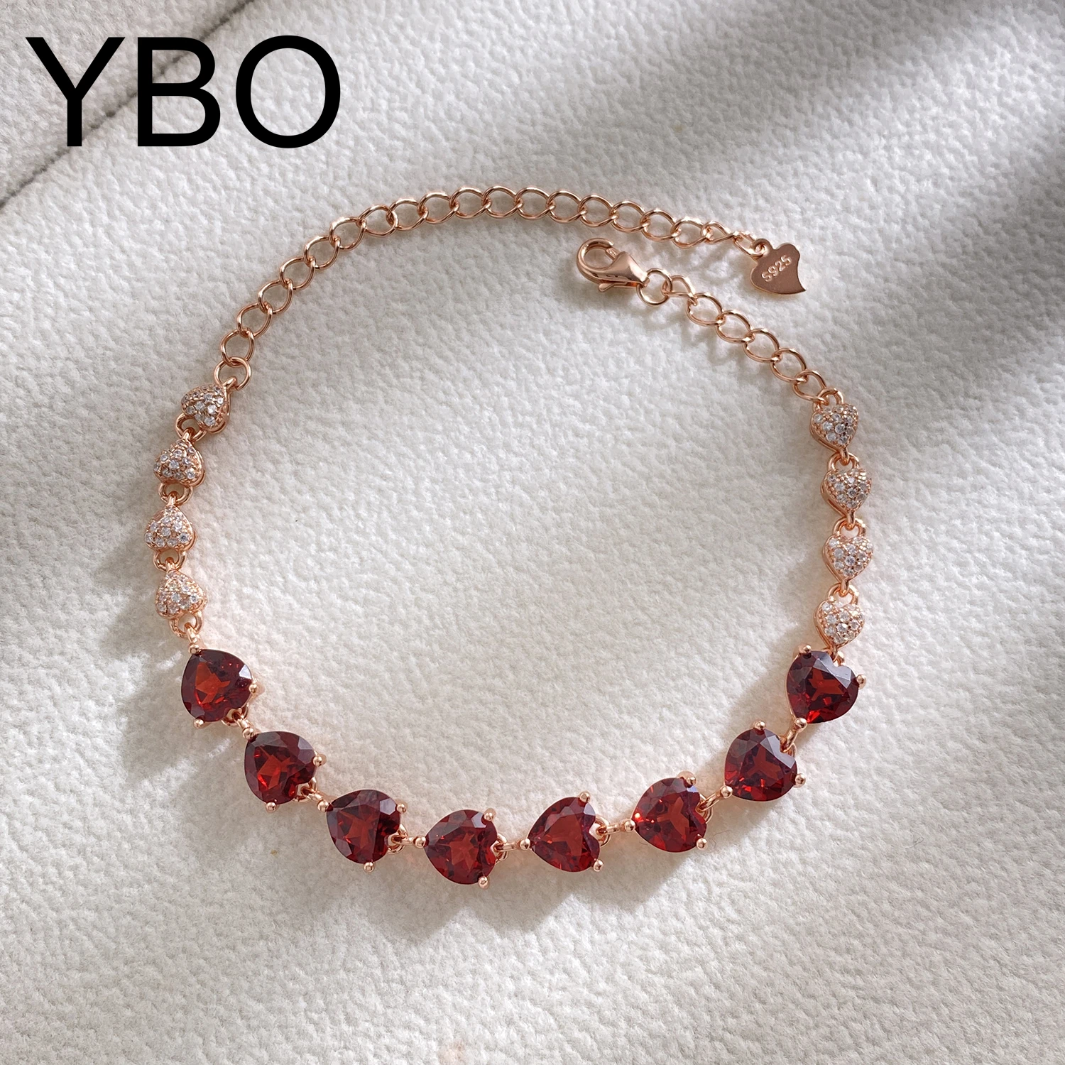 

YBO Girls Love Heart Gemstone Chain Bracelets Natural Red Garnet Cubic Zircon 925 Sterling Silver Bracelet Bangles For Women