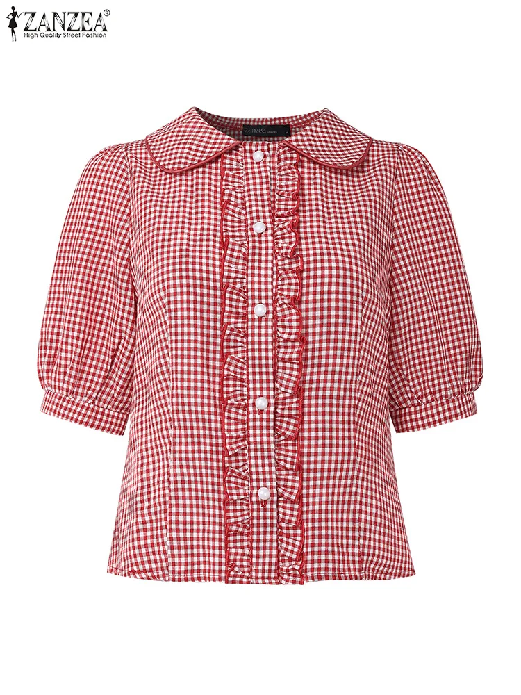 

ZANZEA 2022, модные блузки с рюшами, женские клетчатые рубашки, летние повседневные топы с короткими рукавами и лацканами, элегантная рабочая туника в клетку, OL