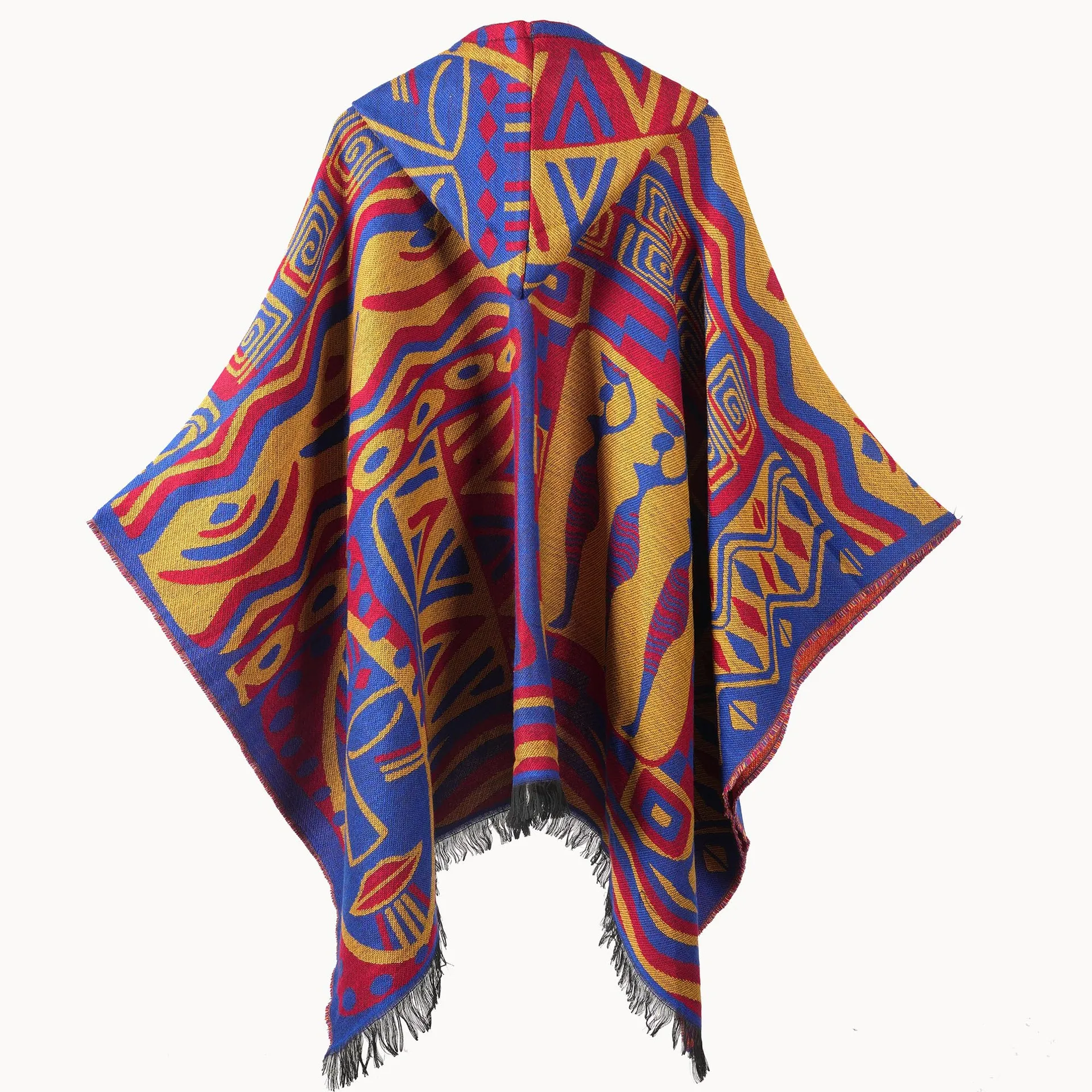 

New Poncho Women's Hooded Tassel Geometric Color Block Scarf Cape Travel Photography Warm Cloak
