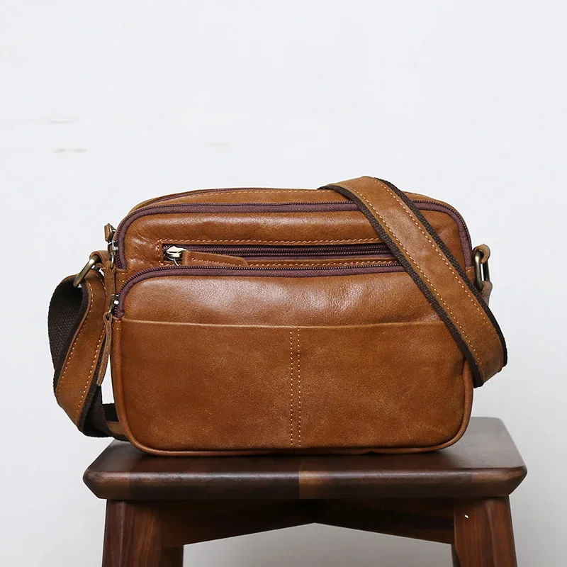 

Frosted Leather Crossbody Bag Men's Leather Leisure Shoulder Bag layer Cowhide Multiple Compartments Zipper Small Collapse Bag