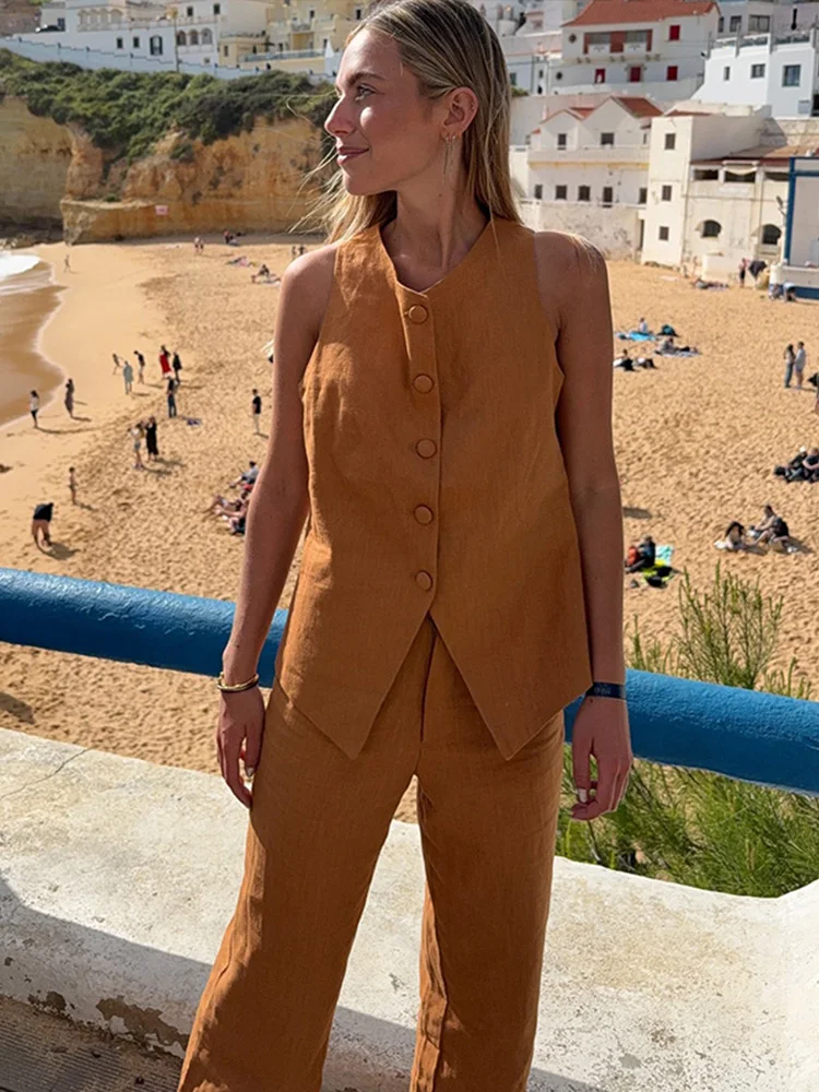 

Fashion Two Piece Suit For Women O-neck Sleeveless Single Breasted Vest Loose Wide Leg Pant 2025 Summer Female Casual Outfits