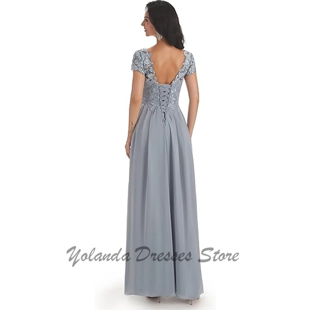 Moda scollo a V madre della sposa abiti maniche corte Applique pizzo abito formale abito da sera in Chiffon Lace Up lunghezza del pavimento