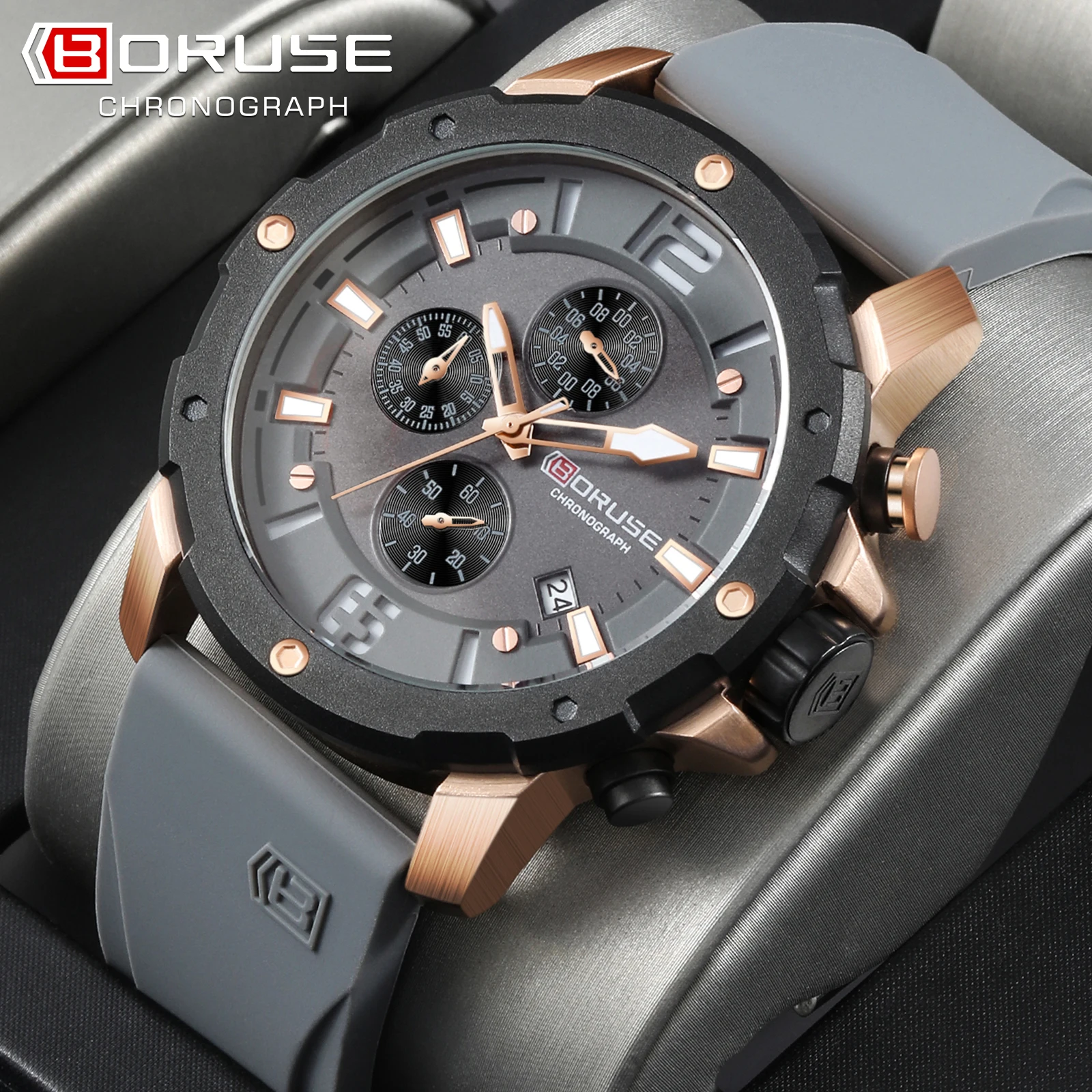 BORUSE Fashion Men Chronograph Watches Sport Quartz Watch Brand Luxury Man Business Wristwatches Waterproof Casual Clock