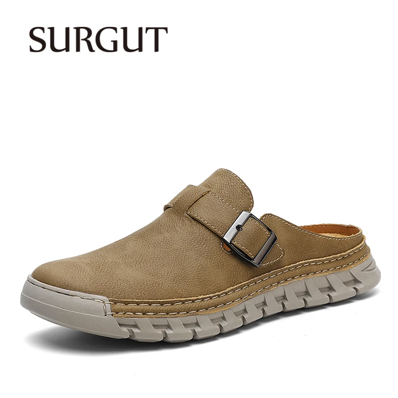 

SURGUT Summer New Men's Slippers Handmade Cow Leather Breathable Skin-Friendly Buckle Decoration Round Toe Convenient Travel