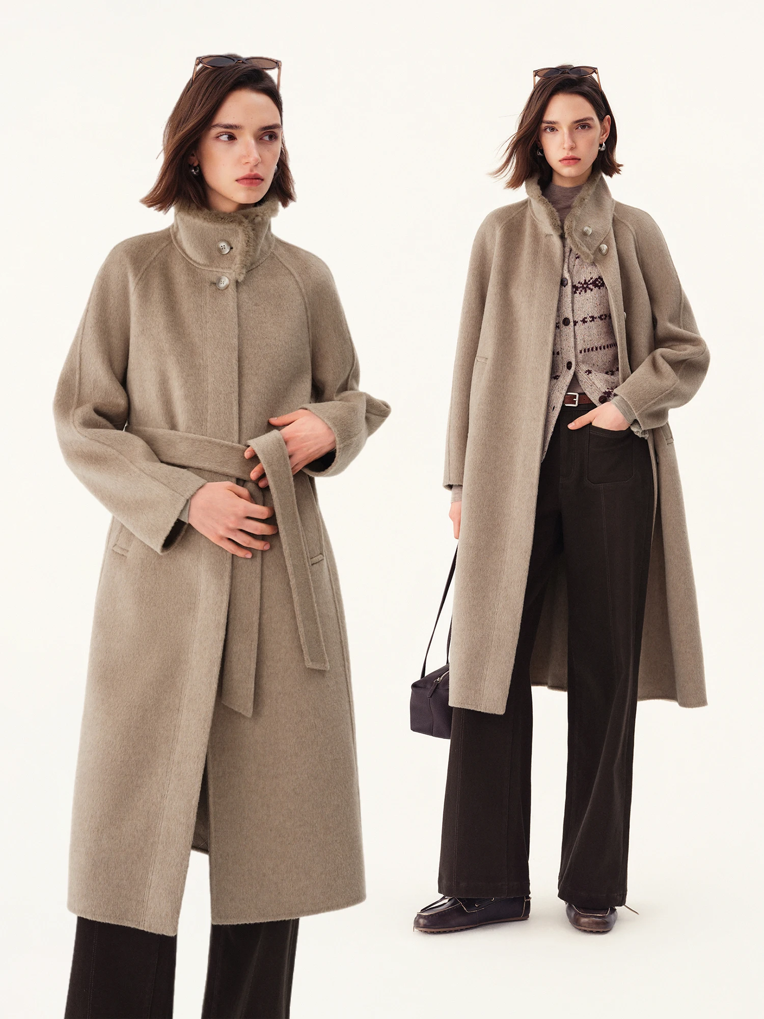 ZIQIAO Women's 2026 Winter New Style Mink Fur Stand Collar Sheep Wool Camel Hair Double Faced Wool Coat Simple Single Breasted