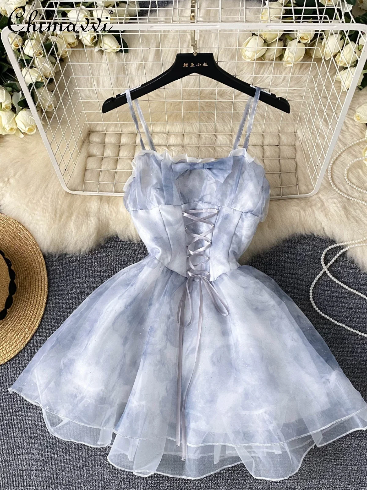 French Style Temperament Organza Mini Dress Women's Sweet High-Grade Lace-up Sleeveless High Waist Sling Dresses Women's Summer