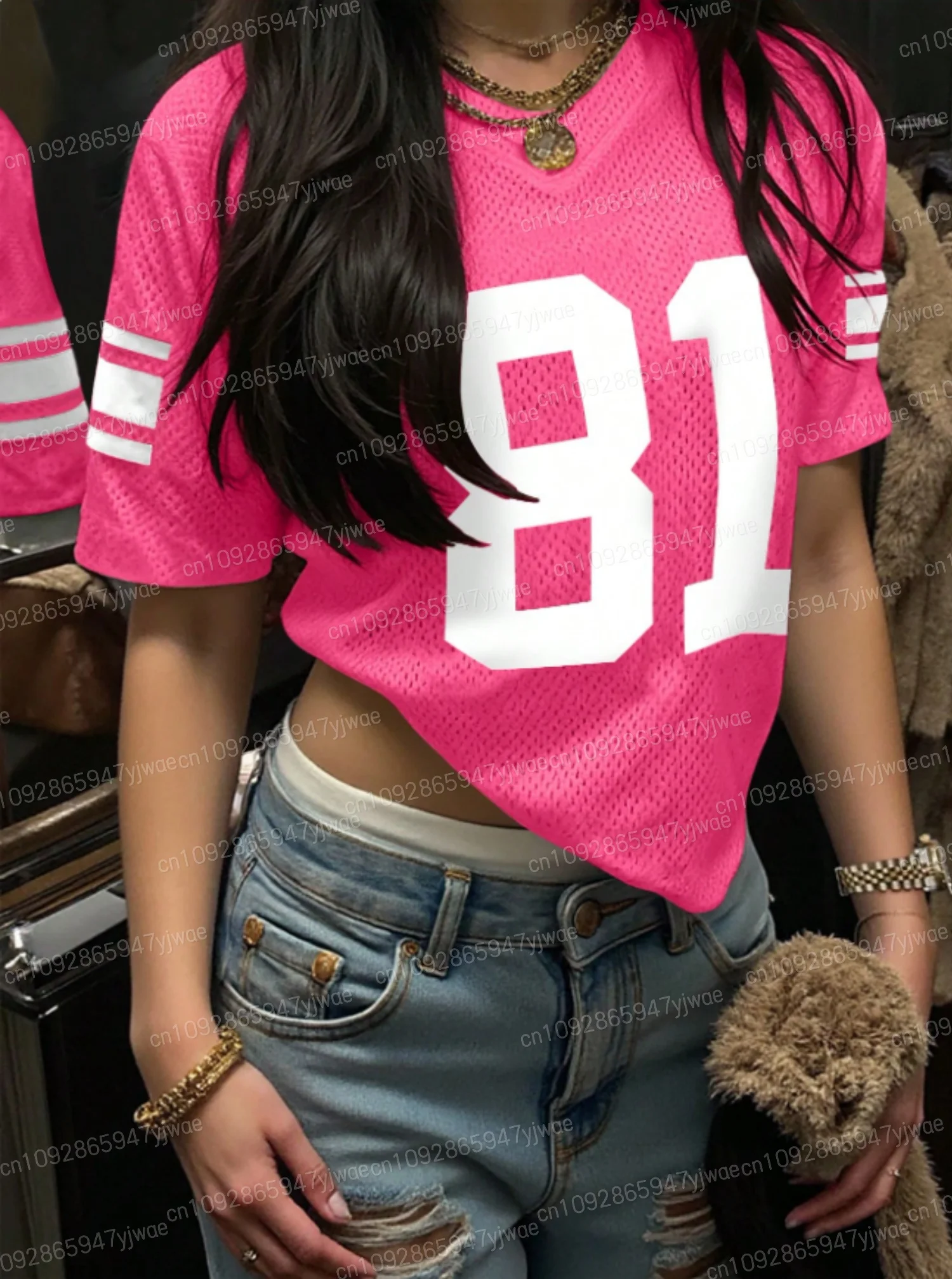 

4 colors Number 81 Print T Shirt For Women Mesh fabric Striped V-Neck Tee Summer Harajuku Trend Short Sleeve Streetwear Tops