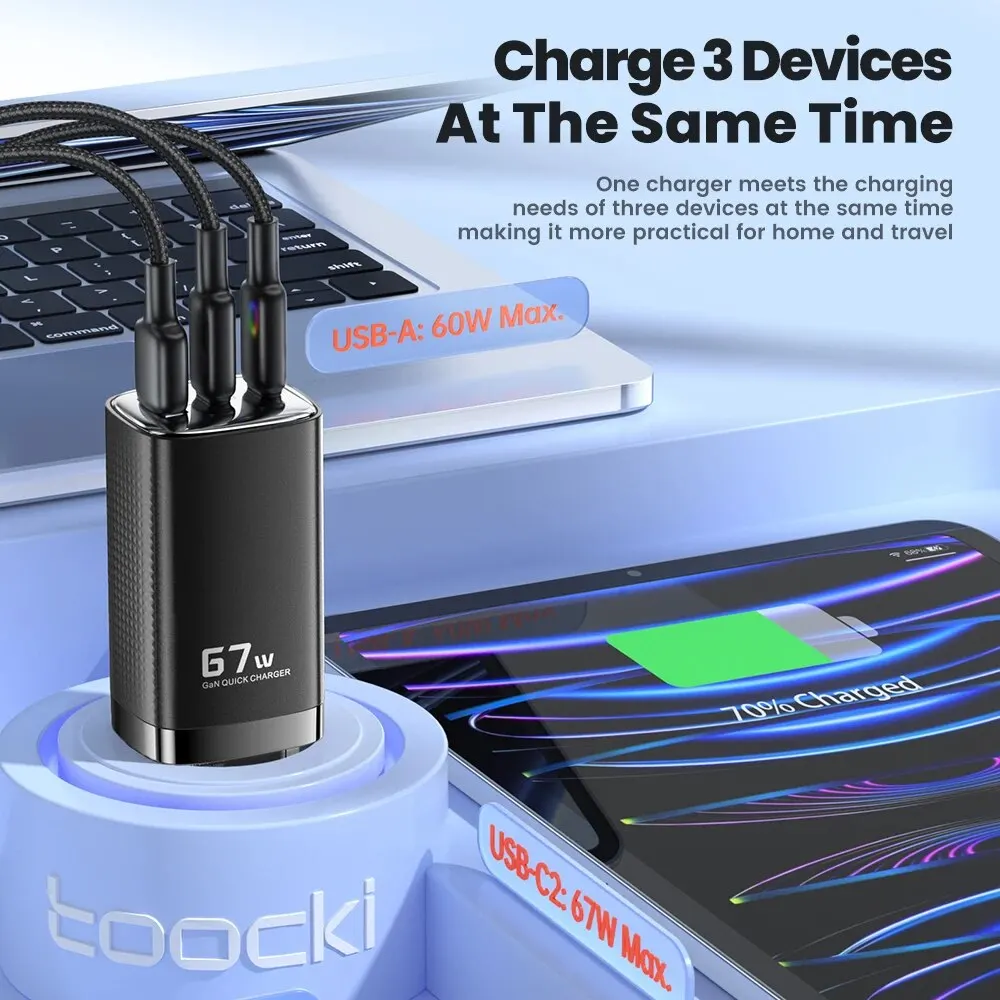 Toocki 67W GaN USB Type C Charger 65W PD 45W PPS QC4.0 Quick Charger For iPhone 15 Samsung S23 Macbook Laptop IPAD Tablet Ultra