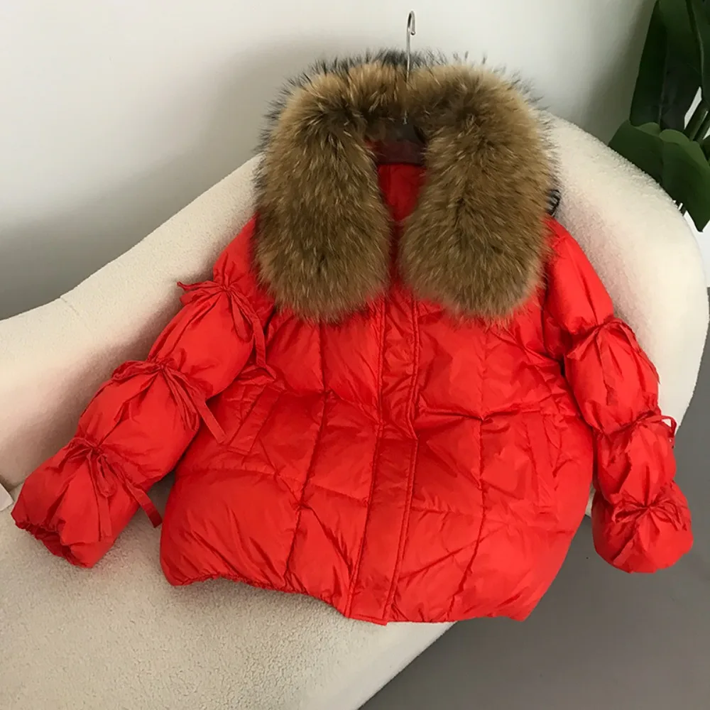 Down Jacket Women Natural Fur Coat Large Real Raccoon Fur Collar 2024 Winter Down Coat Bow Tie Sleeve Fashion Luxury Puffer Coat