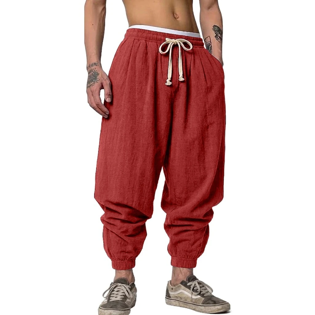 Koreanische Leinenhose für Herren, Herbst-Fitness-Yoga-Freizeithose, Baggy Pants für Frühling und Herbst, Haremshose, Lose Arbeitshose mit Kordelzug für Männer – Detail 9