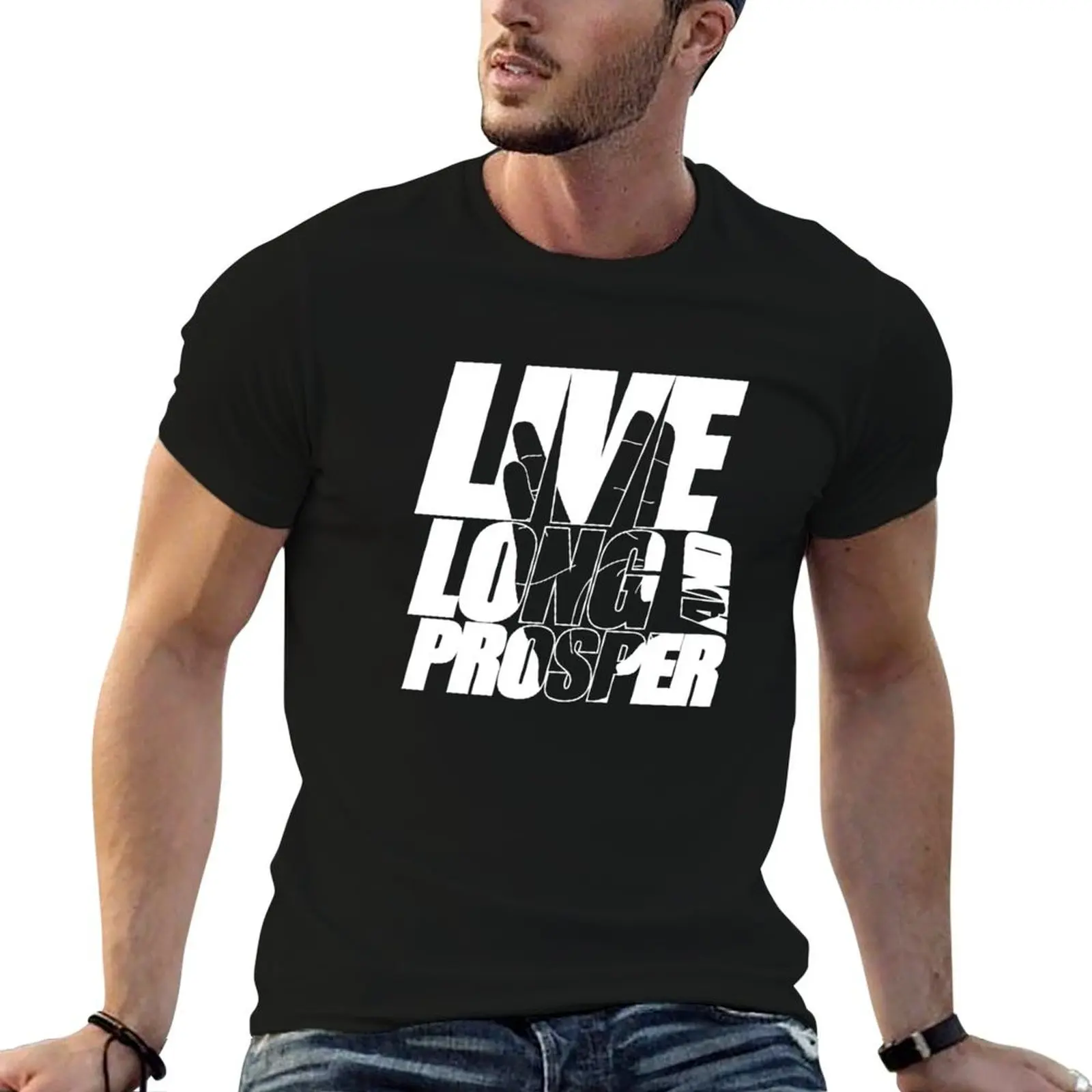 

LIVE LONG AND PROSPER Star Trek  Quote Meme slogan with silhouette of the Vulkan Gruss T-Shirt