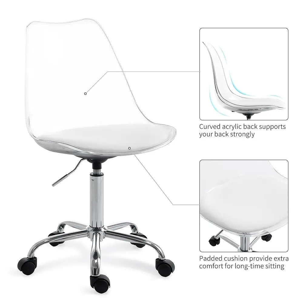Clear Desk Chair With Cushion, Arml Acrylic Rolling Chair Height Adjustable Ghost Swivel Molded Plastic And Wheels, Clear