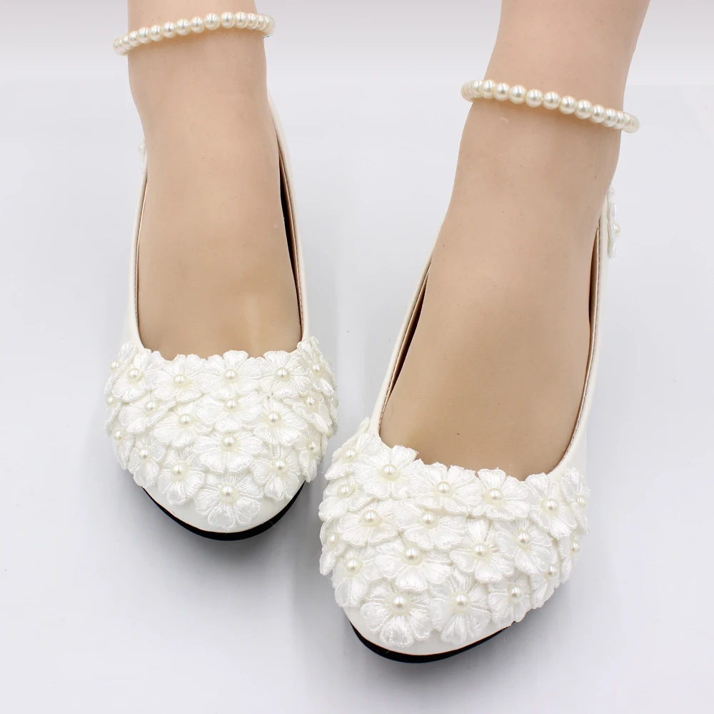 White low heel wedding shoes handmade decals decorated lace shoes new large size bridal shoes bridesmaid shoes BH97