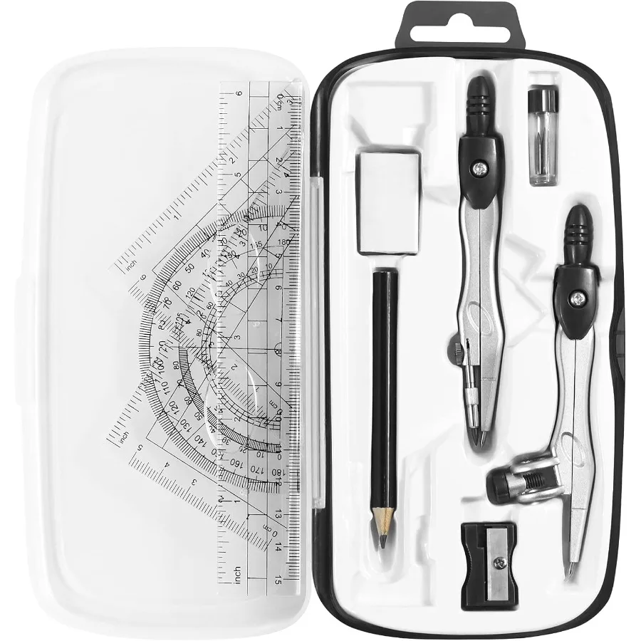 10-Piece Math Geometry Set Black | with Shatterproof Storage Box & Compass for Students, School & Classroom Use