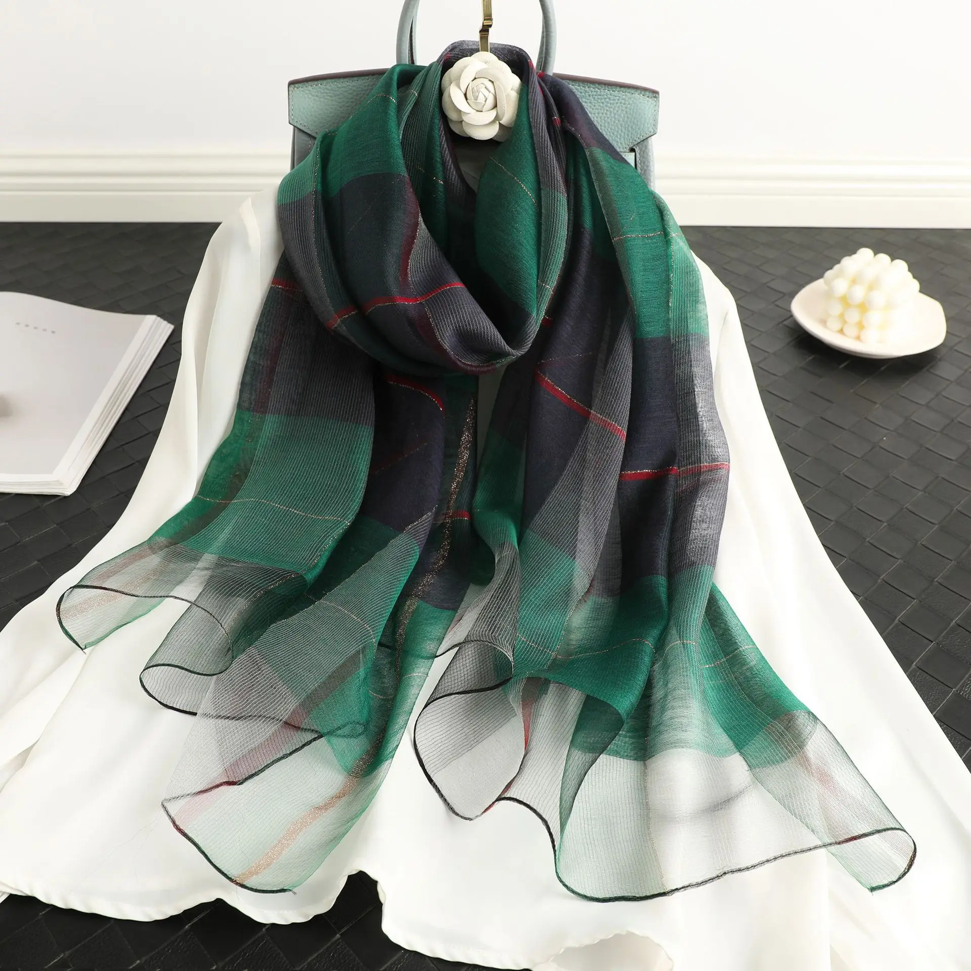 

New 2022 Lady Silk Wool Scarf Luxury Plaid Women Hijab Female Pashmina Long Beach Stoles Shawl Wrap Headbands Scarves Bandana