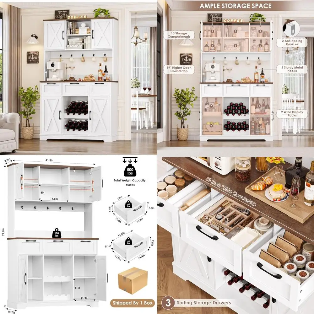 

Большой кухонный шкаф в стиле фермерского дома с дверцами, полками и ящиками, высоким ящиком для хранения и барной зоны