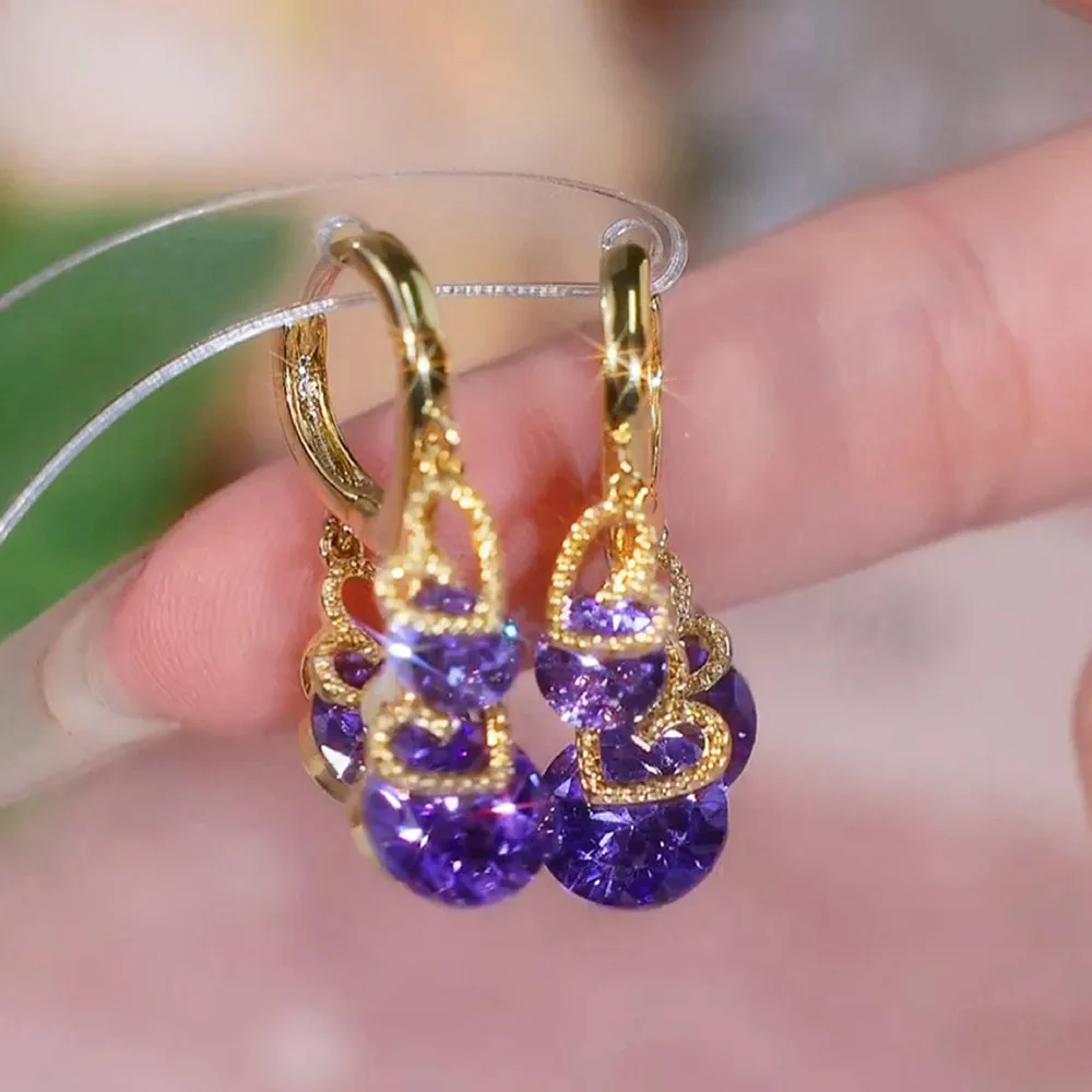 Luxury Purple Zirconia Heart Shape Drop Earrings for Women Gold Color Elegant Crystal Dangle Earrings Female Wedding Jewelry