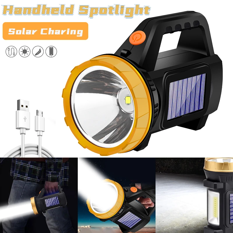 

Portable Solar LED Flashlight With Side Light USB Rechargeable Searchlight Waterproof Outdoor Camping Spotlight Hand Work Light