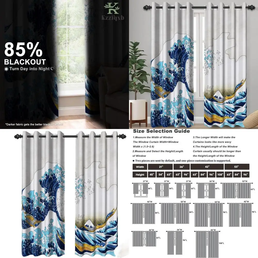 

Japanese-Inspired Great Wave Blackout Curtains, 2 Panels, 42x85, Noise-Reducing, Thermal Insulated for Bedrooms and Living Rooms