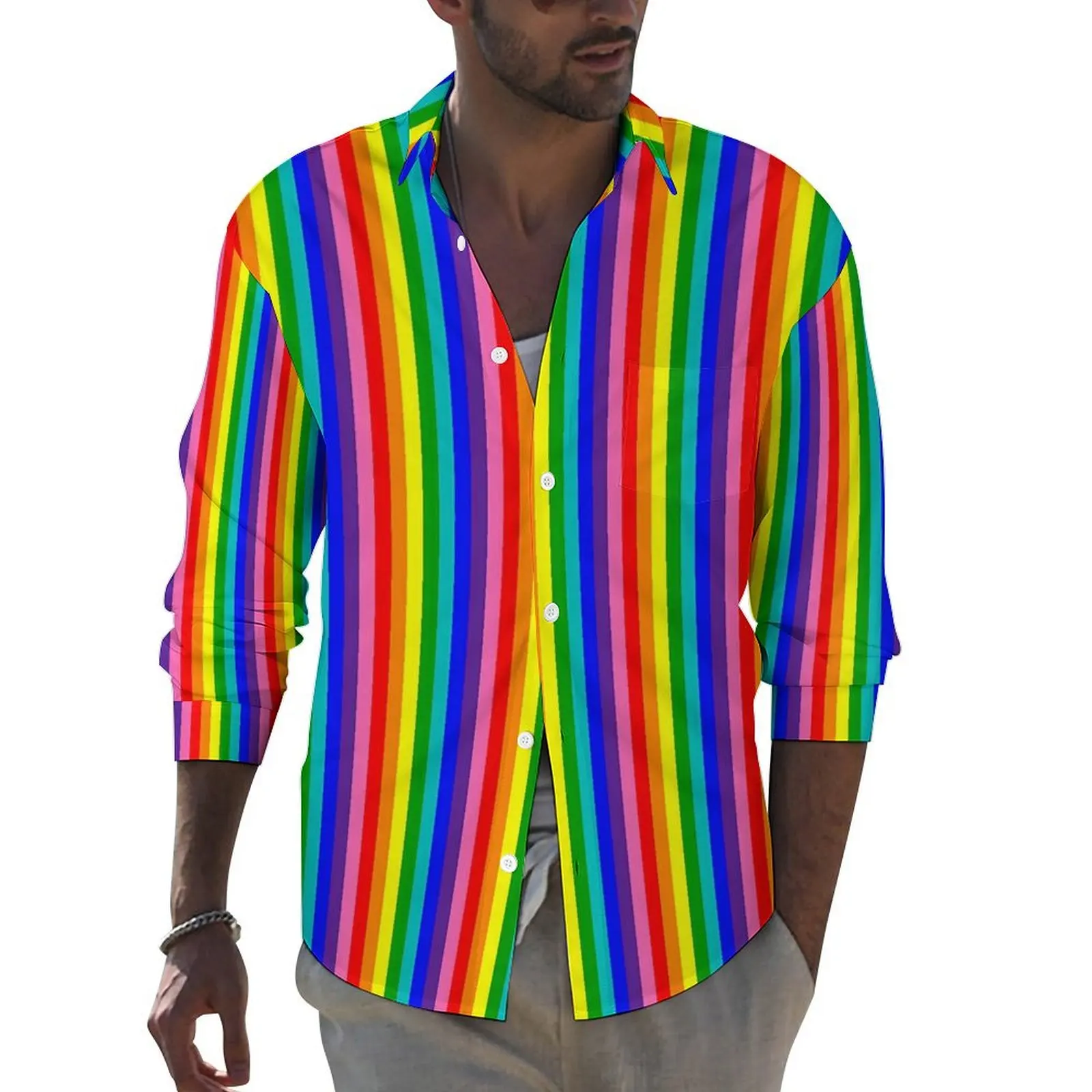 Rainbow Pride Flag Funny Casual Shirt Men Vertical Eight Stripe Shirt Spring Novelty Blouses Long Sleeve Custom Oversize Clothes