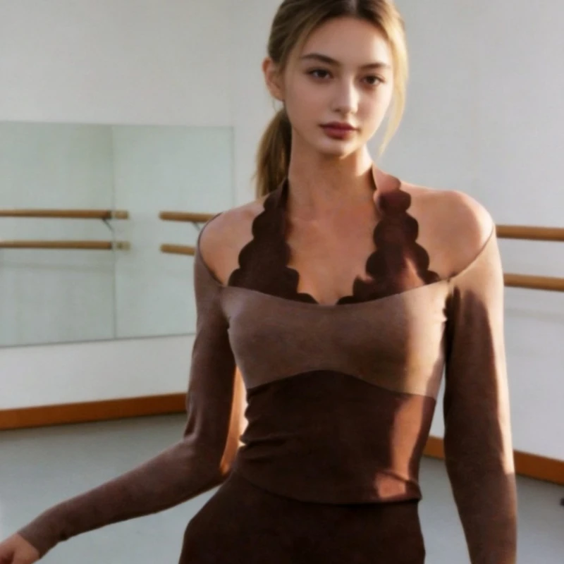 Yoga Shirt Workout Top Long Sleeve Breathable Two Tone Lace Neckline Fitness Shirt for Women Halterneck Top Gym Top Women
