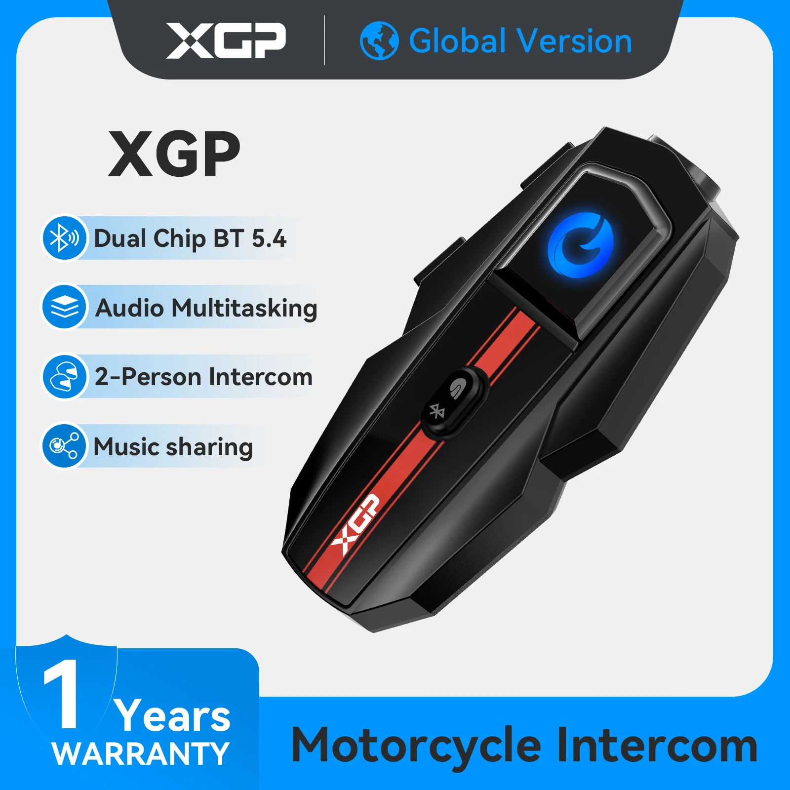 XGP Motorrad-Intercom Bluetooth 5.4 Dual-Chip, Motorrad-Intercom mit Musik-Sharing, 1000m Reichweite für 2 Motorradfahrer, Audio-Multitasking, IP67 Wasserdichtes Motorrad-Headset 1000mAh