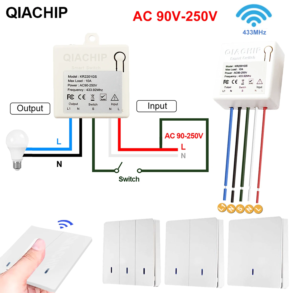 433Mhz Smart Light Switch LED Push Button Switch Universal Wireless Remote Control AC90~250V 10A 1CH Relay controller for Lamp