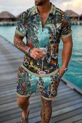 2023 Summer Men's Set Fashion Casual 3D Printing V-Neck Zipper Short Sleeve POLO Shirt Shorts Men's Set 2 Pieces Men's Clothing