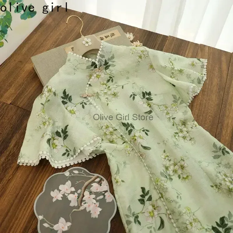 2022 Spring Autumn Chinese Traditional Hanfu Embroidered Linen Cotton Top Super Fairy Bust Chiffon Skirt Suit Female Student Set