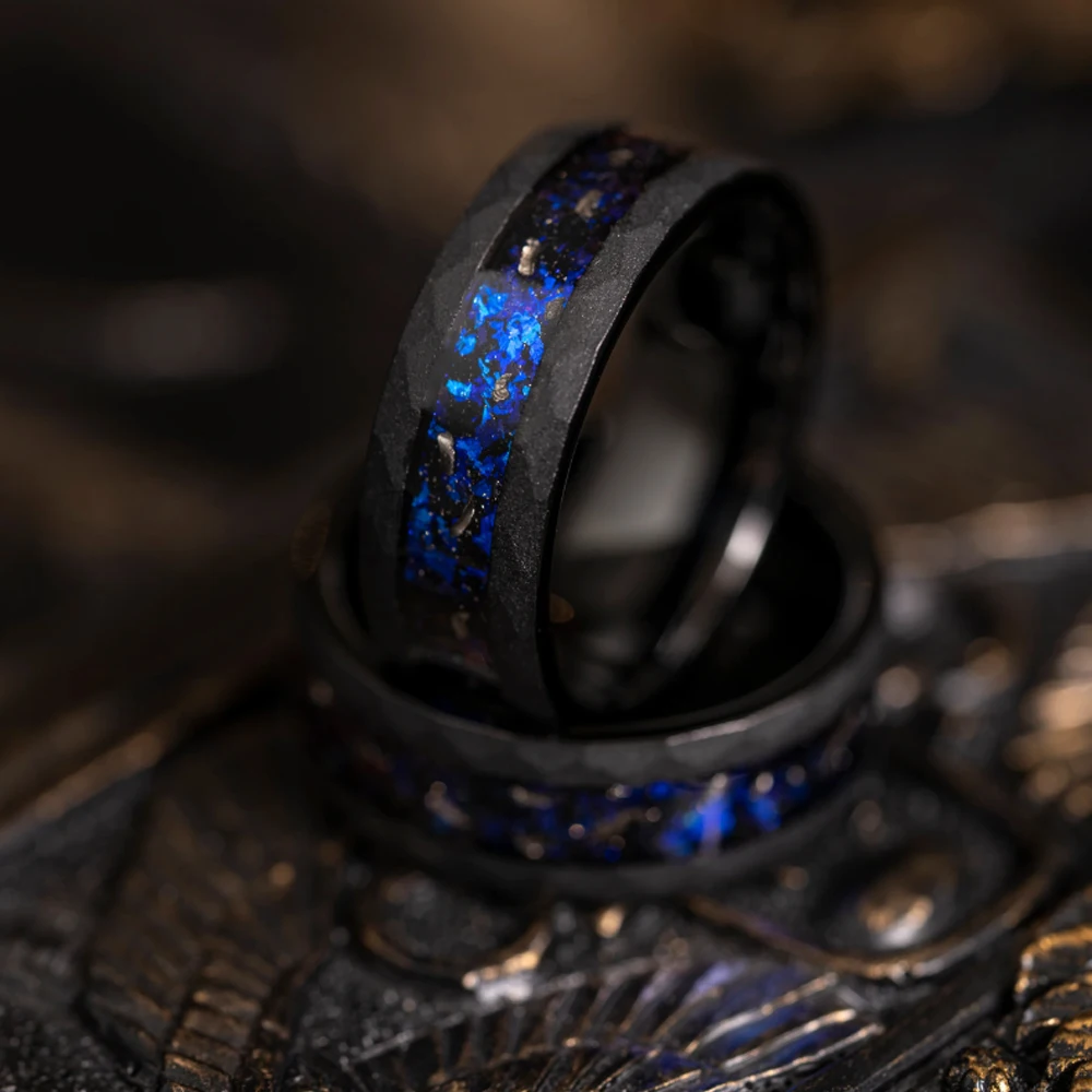 8mm Black Hammered Meteorite Ring Tungsten Galaxy Opal Inlay Luxury Wedding Band for Men Women Fashion Engagement Wedding Band