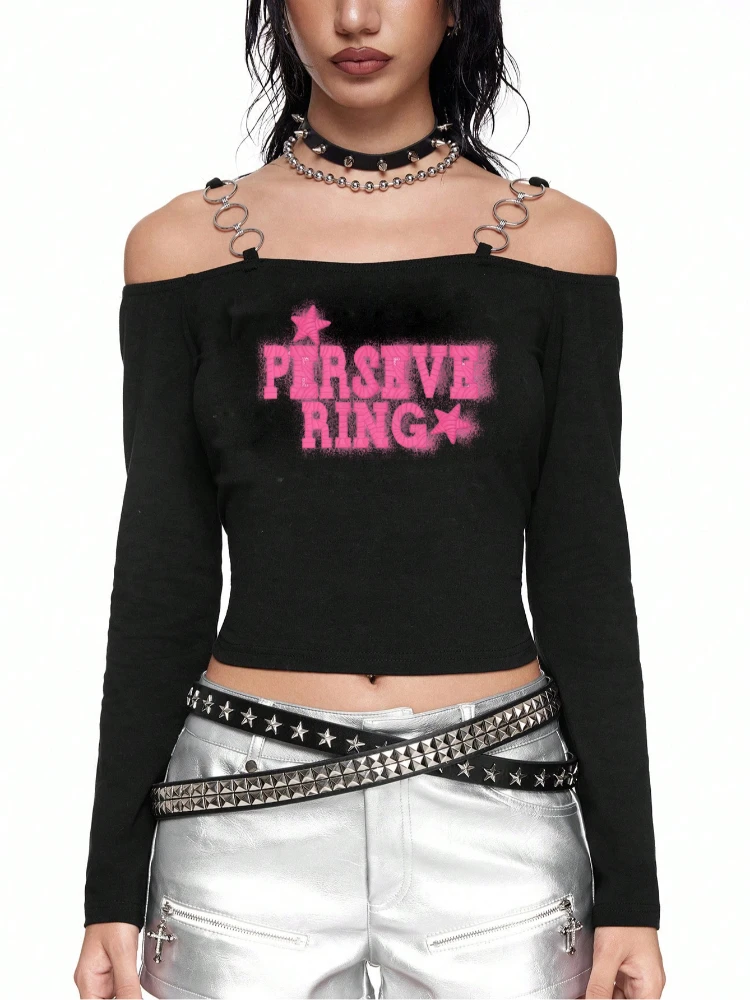 

Women's Gothic Street Fashion Peplum Top Retro Hand drawn Simple Graffiti Letter Pattern Long Sleeve Hoodie Wrapped T-shirt Y2k