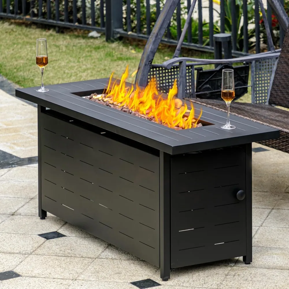 50000 BTU 45 Inch Propane Fire Pit with Lid Lava Rock Waterproof Cover Outdoor Fire Pit