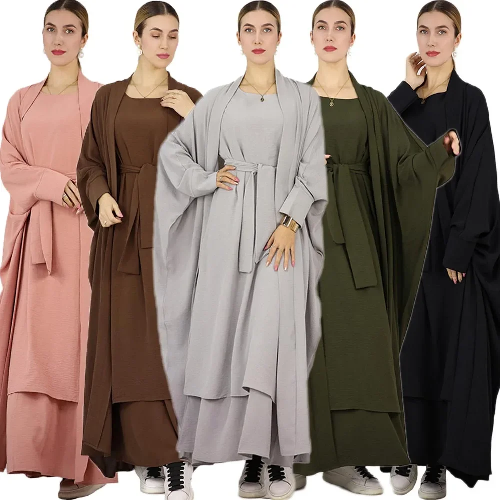 2 ชิ้น Abaya การจับคู่มุสลิมชุด Hijab ชุดริ้วรอยเปิด Abayas สําหรับผู้หญิงดูไบตุรกีด้านในชุดเสื้อผ้าอิสลามแอฟริกัน