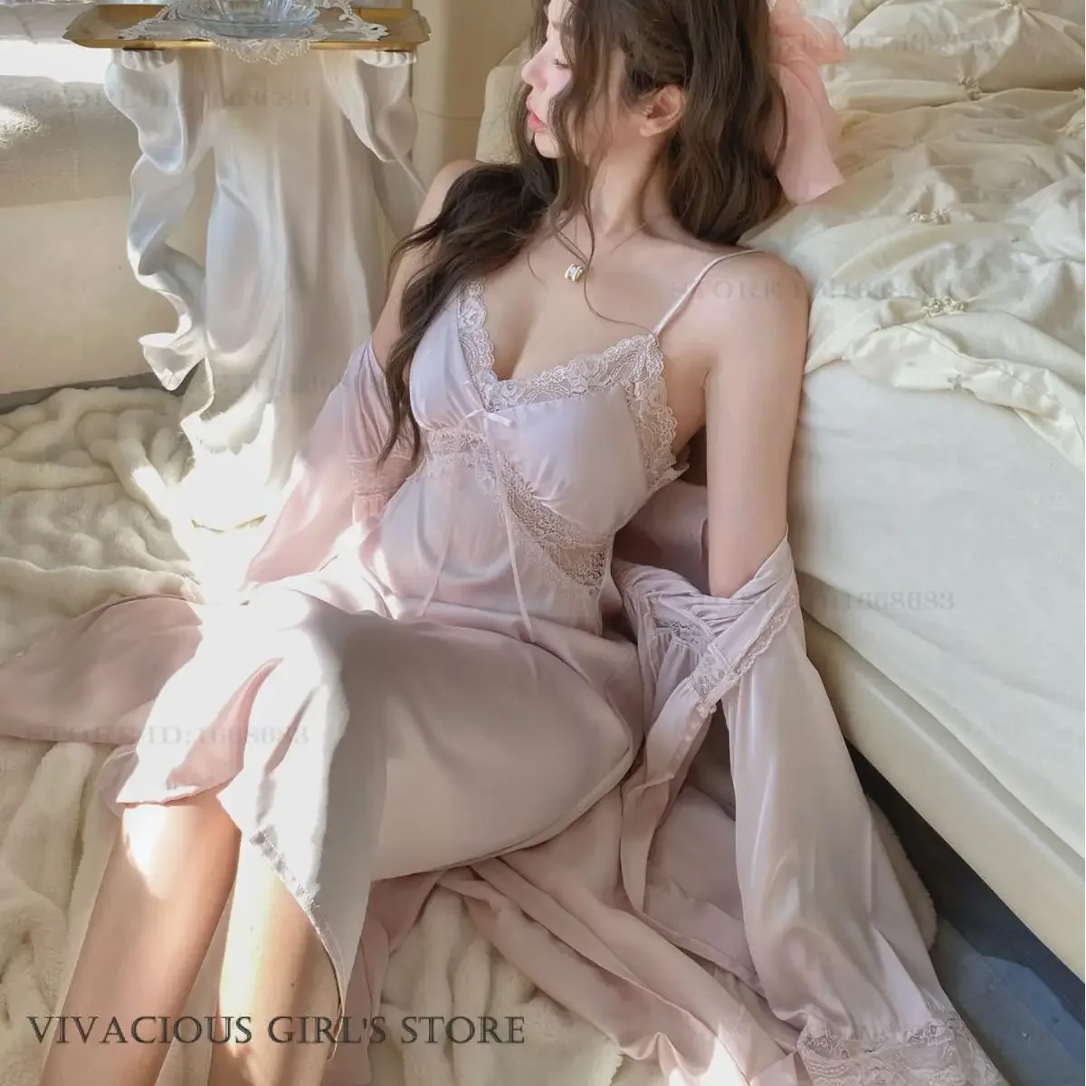 エレガントなセクシーなレースのロングローブネグリジェセット春夏サテン着物バスローブガウンナイトウェアフレンチスタイルパジャマ部屋着