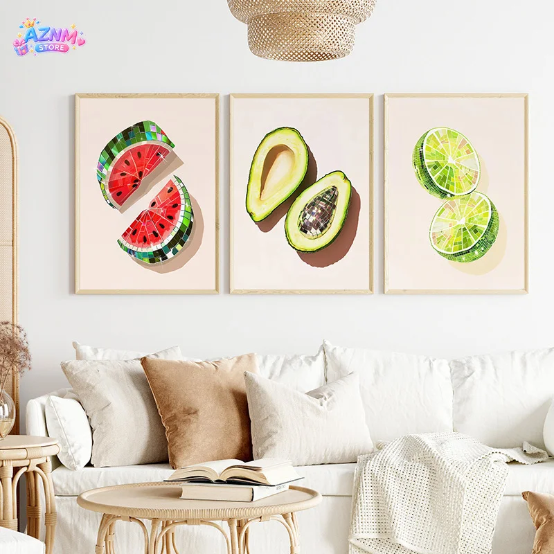 2026 Retro Trendy Oranges Strawberries Cherries Fruits Disco Ball Poster Canvas Painting Wall Art HD Picture Preppy Home Room